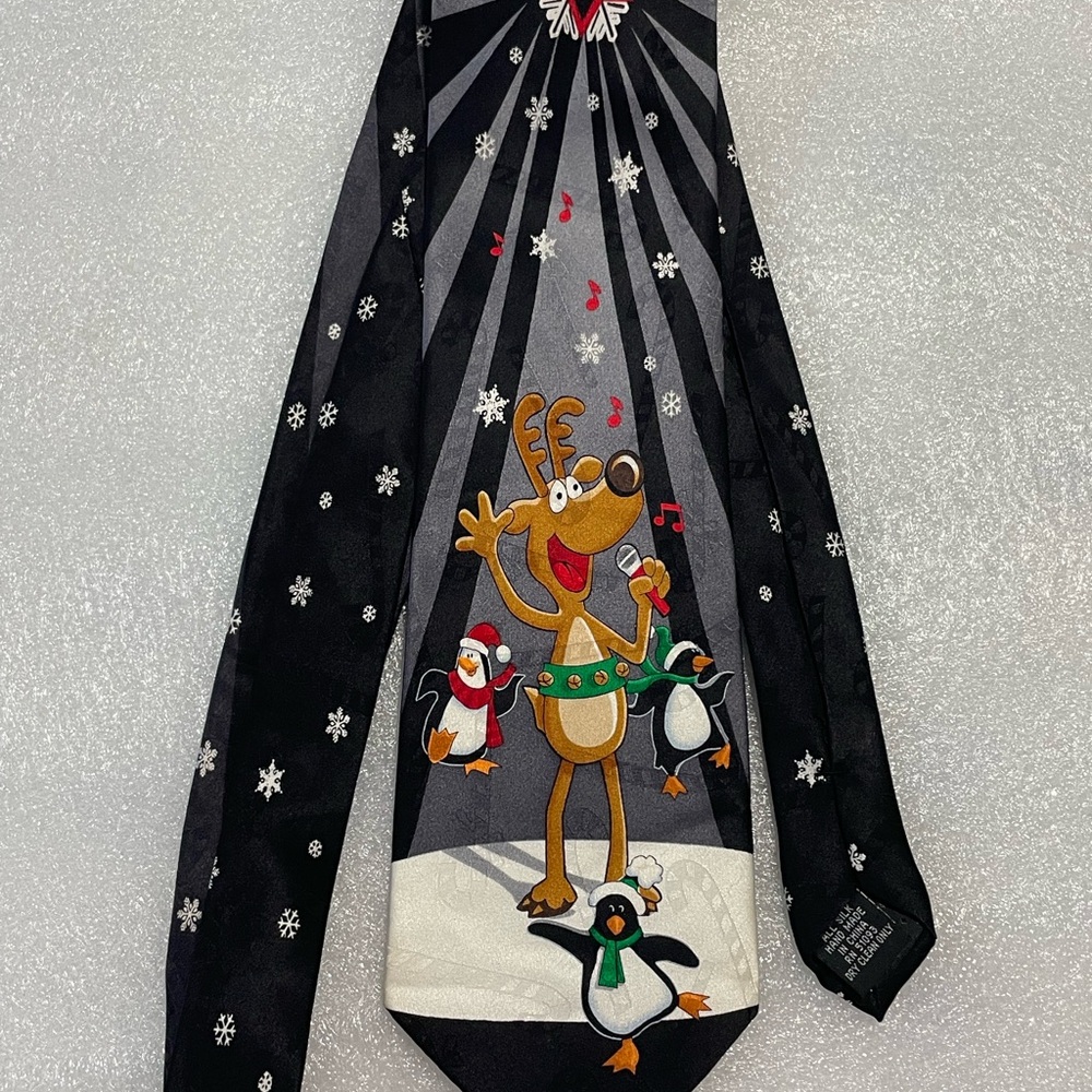 Festive Black Reindeer and Penguin Tie